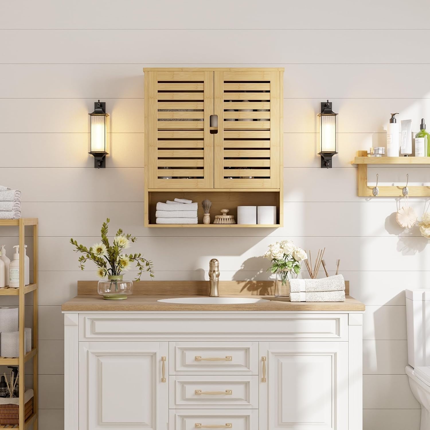 Natural Bamboo Bathroom Cabinet – Wall Mounted, Over Toilet, 2 Door Storage