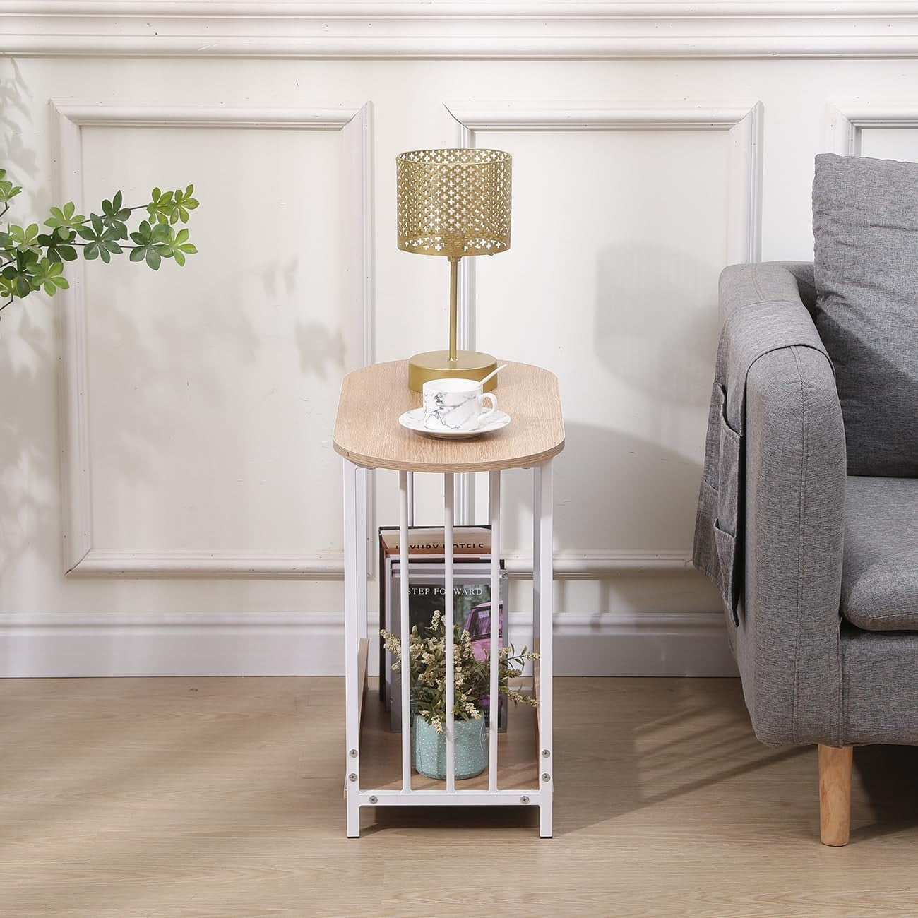 Slim Oval Side Table with Storage, Maple Small End Table for Living Room