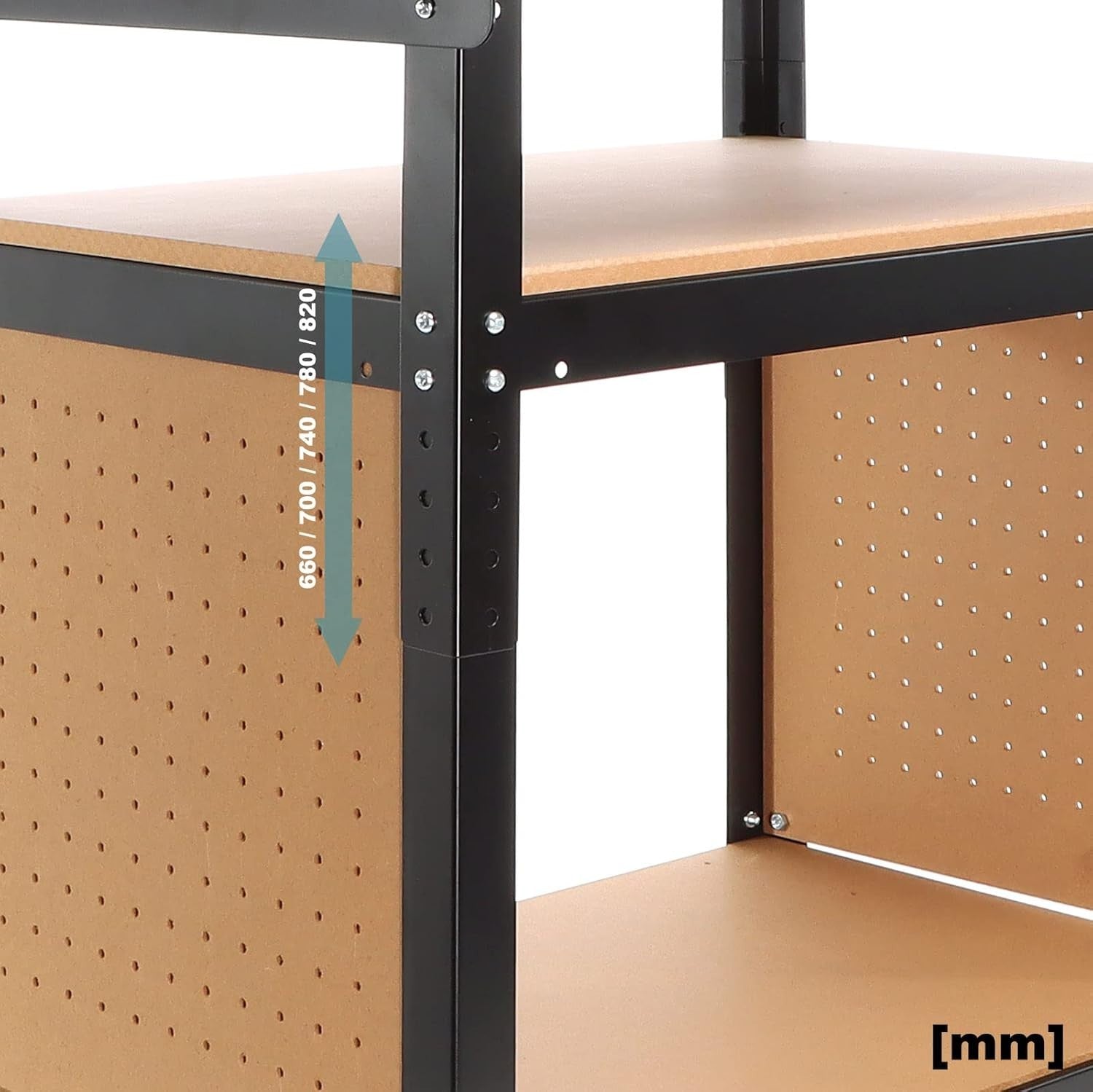 Mobile Adjustable Workbench 66–82cm Steel Table Wheels MDF Top Shelves Pegboard