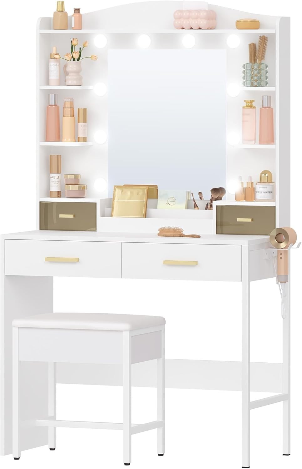 Vanity Makeup Dressing Table Set w/ Lighted Mirror, 4 Drawers, Modern White