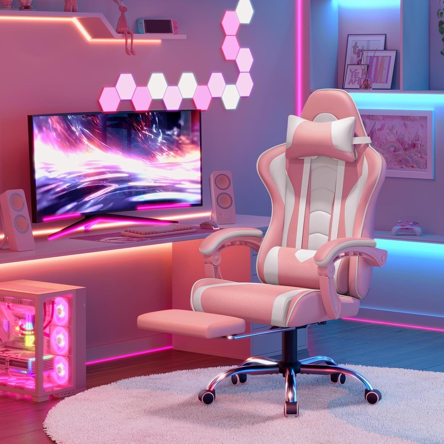 Gaming Chair with Footrest Massage Ergonomic Reclining Pink