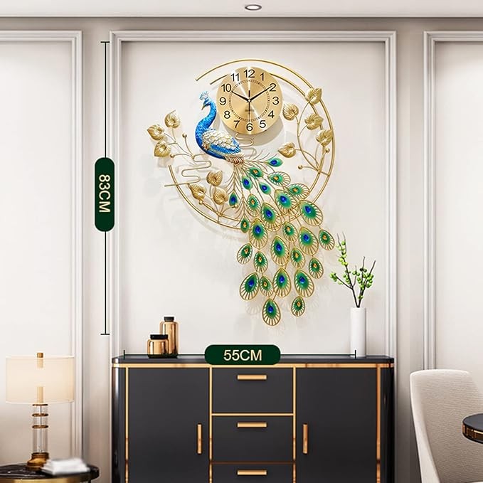 Luxury Peacock Wall Clock 156cm Metal Art Silent Modern Large Home Decor