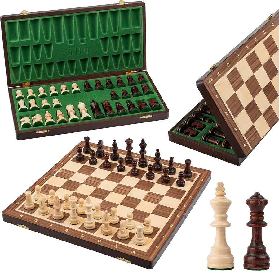 38cm Tournament Chess Set – Inlaid Folding Board & Weighted Wooden Pieces