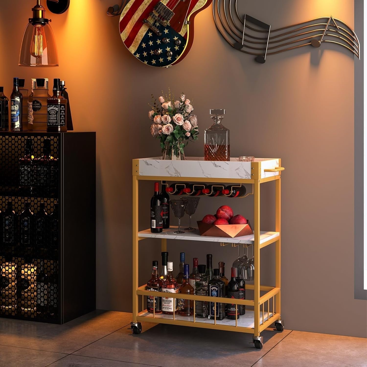 3 Tier Gold Bar Cart with Wine Rack & Glass Holder Rolling Drinks Trolley