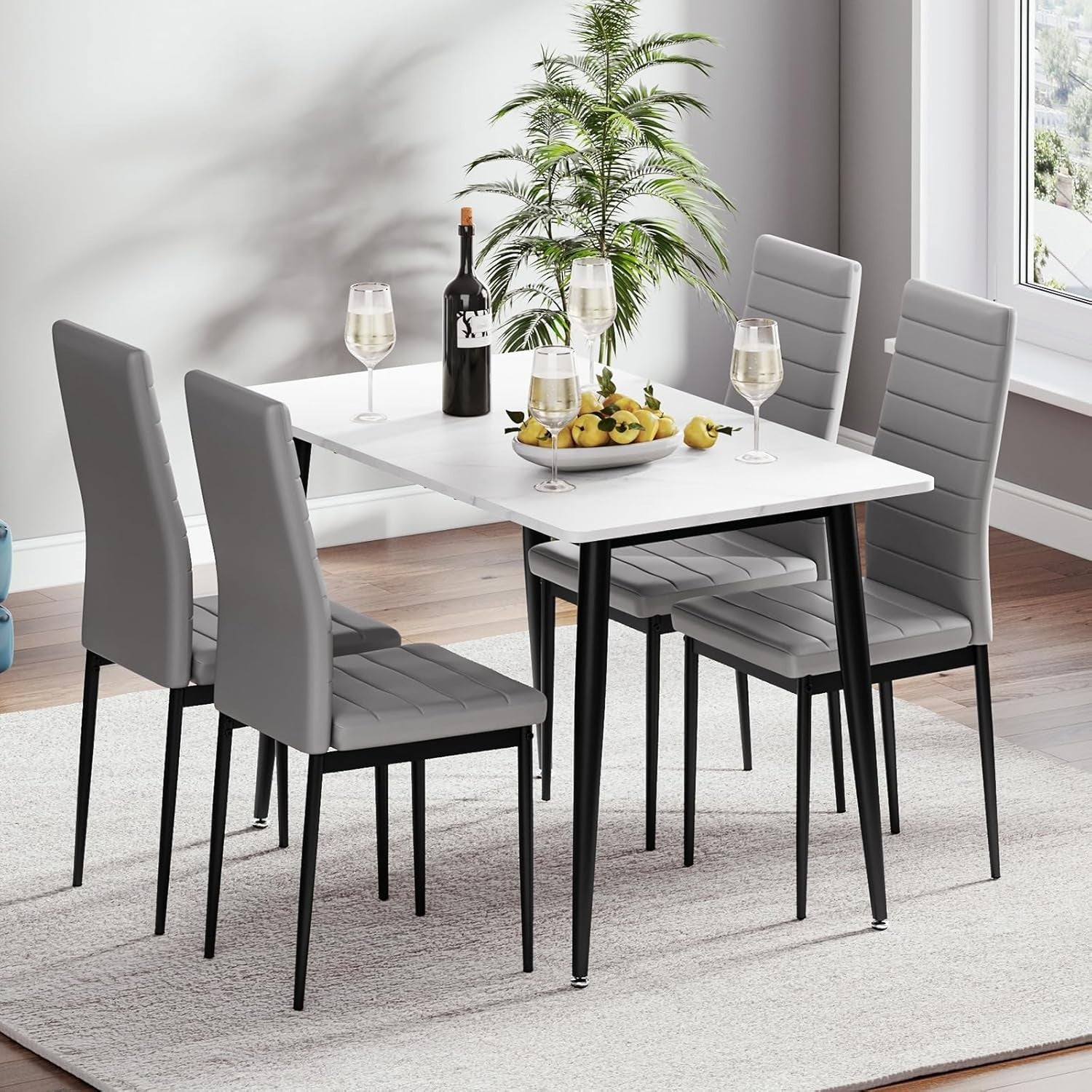 120cm Marble Dining Table & 4 Grey Chairs Faux Leather Modern Set