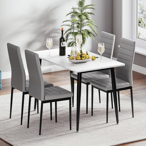 120cm Marble Dining Table & 4 Grey Chairs Faux Leather Modern Set