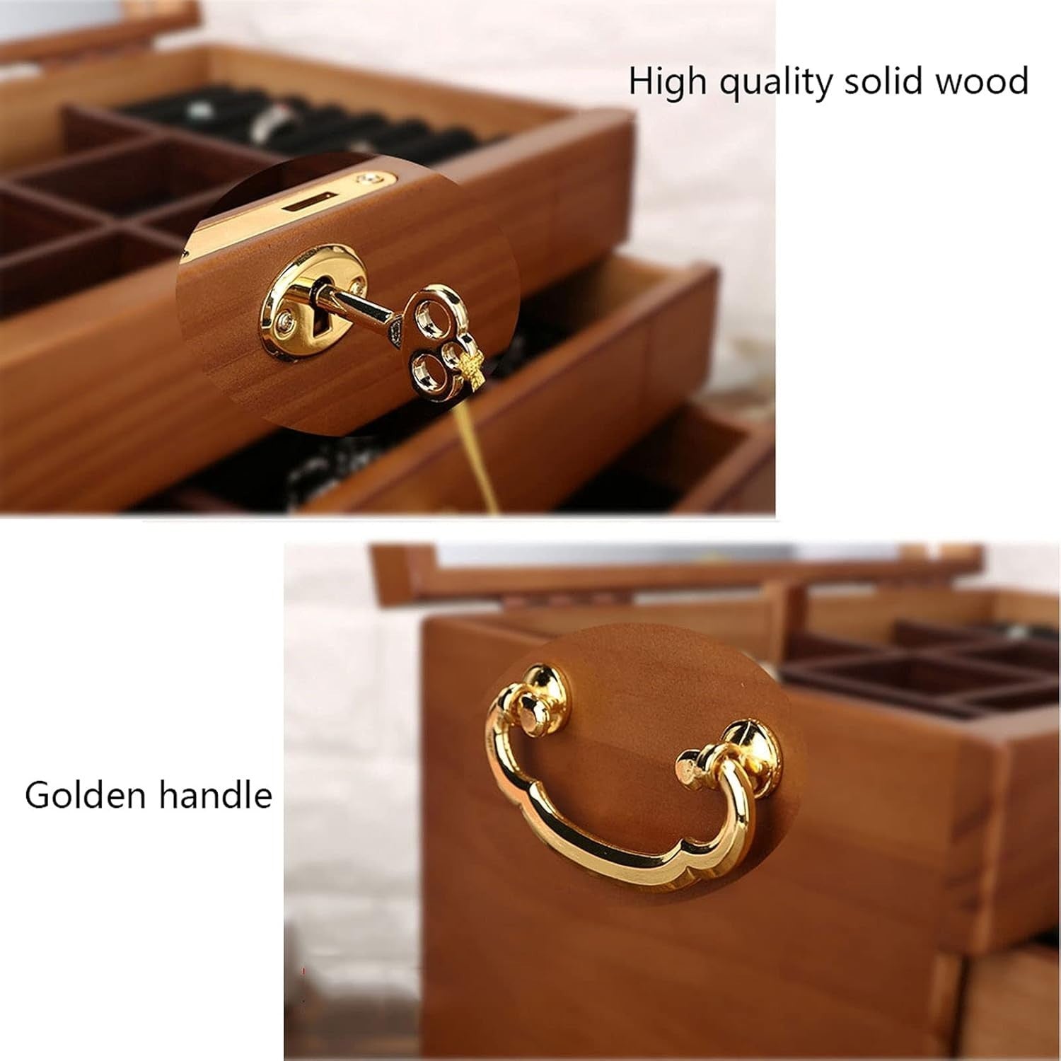 Large Wooden Jewelry Box with Mirror Lock Multi Layer Organizer for Women