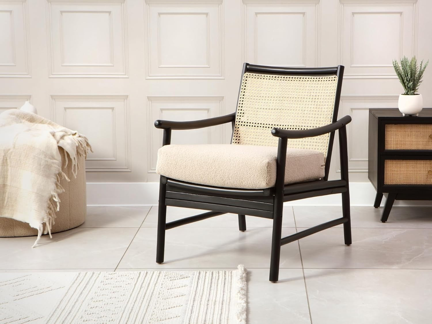 Black Cane Bedroom Armchair Modern Rattan Accent Chair with Boucle Cushion
