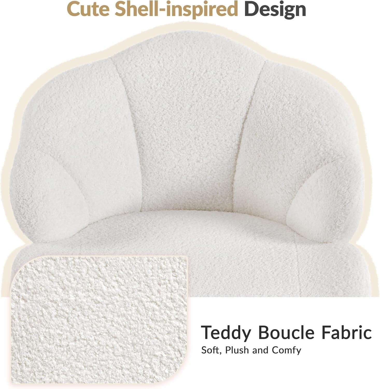 Snowy Boucle Shell Back Swivel Vanity Chair w/ Wheels Armless Adjustable Seat