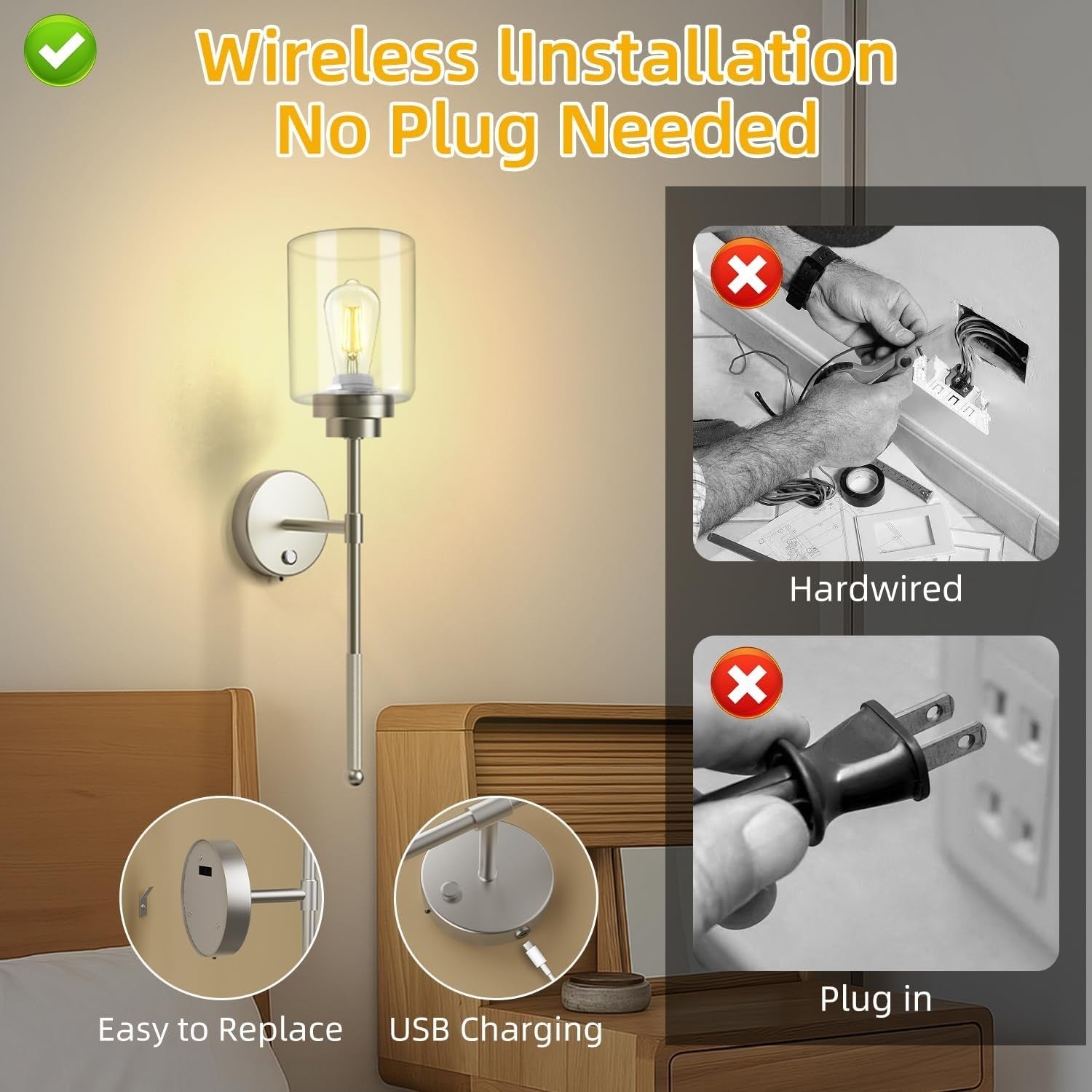 Wireless Battery Operated Wall Sconce Set of 2 with Remote, Dimmable