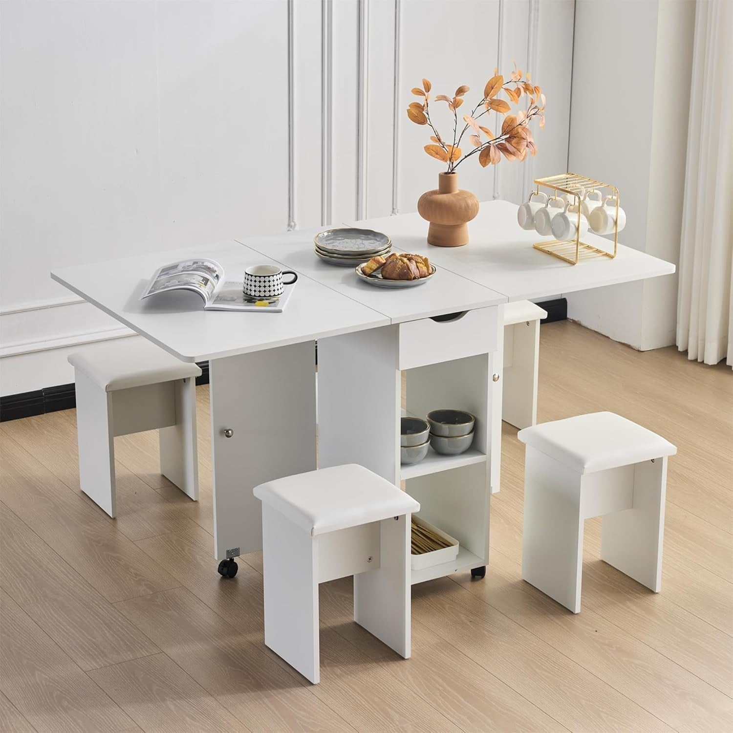 Space-Saving Folding Dining Set with Storage, PU Chairs & Lockable Wheels