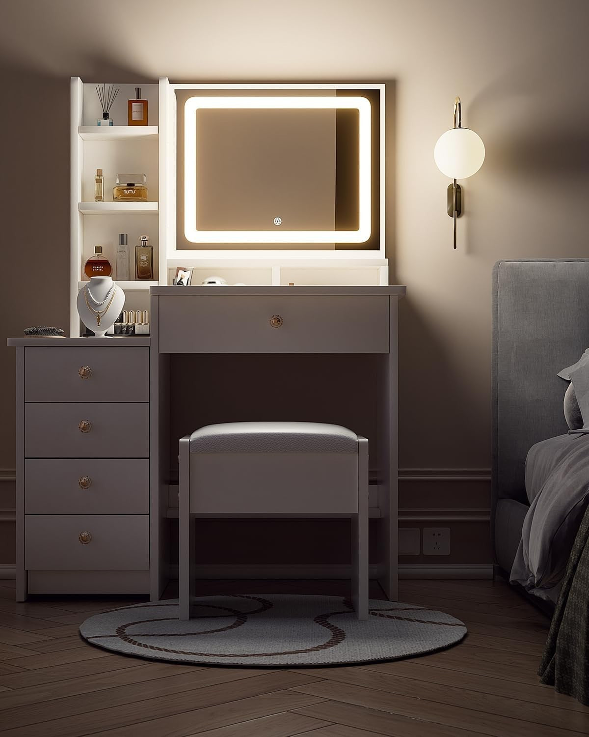 Makeup Vanity Desk Set LED Mirror 3-Color Light 4 Drawers Stool Dressing Table
