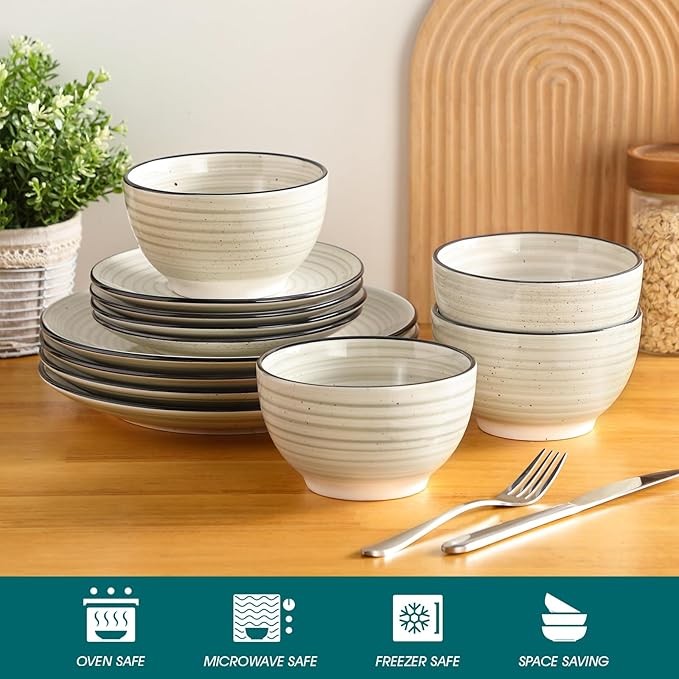 12 Piece Dinner Set for 4 Hand Painted Plates Bowls Ceramic Tableware