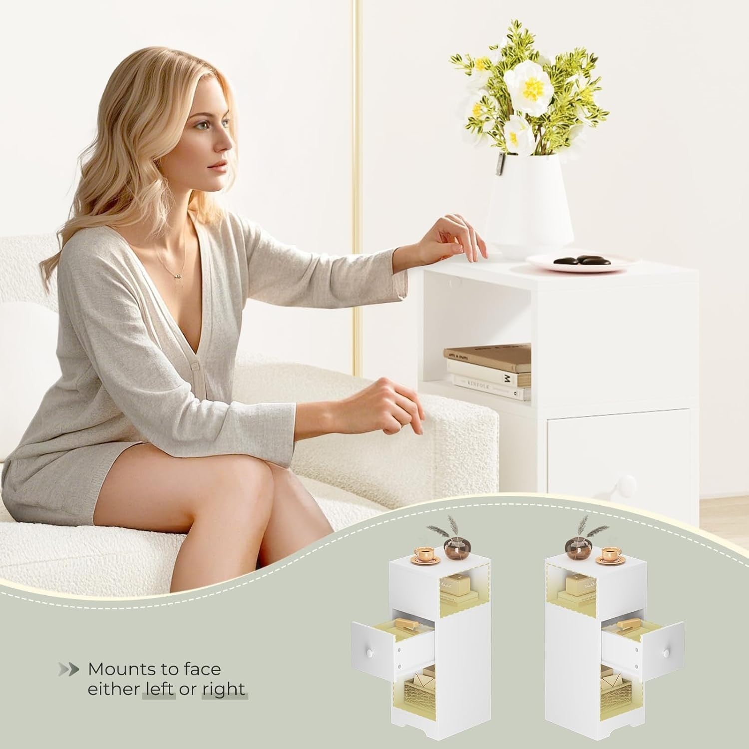 Set of 2 Slim White Bedside Tables with Drawer & Shelves | Modern