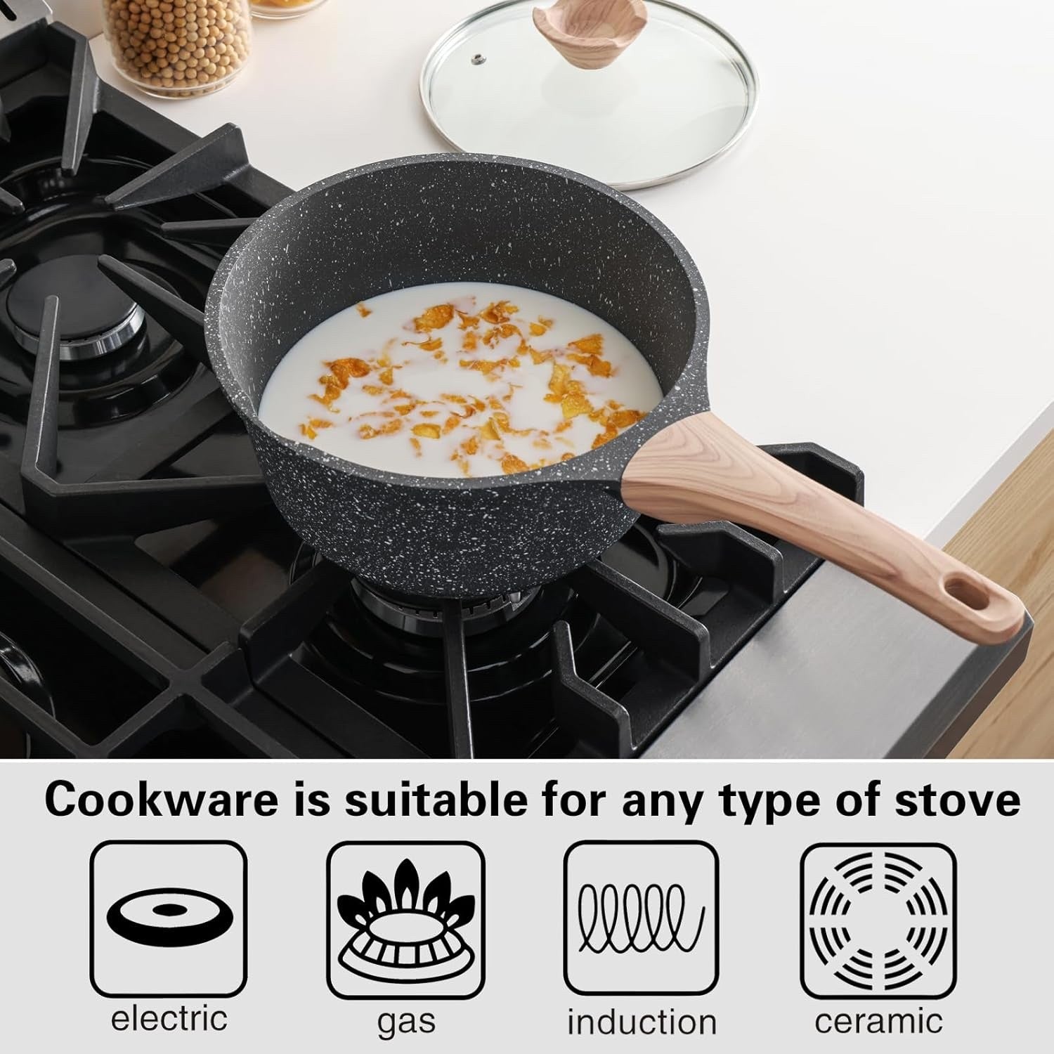 2Pcs Granite Non Stick Saucepan Set with Lids, 16cm & 20cm, Induction Compatible