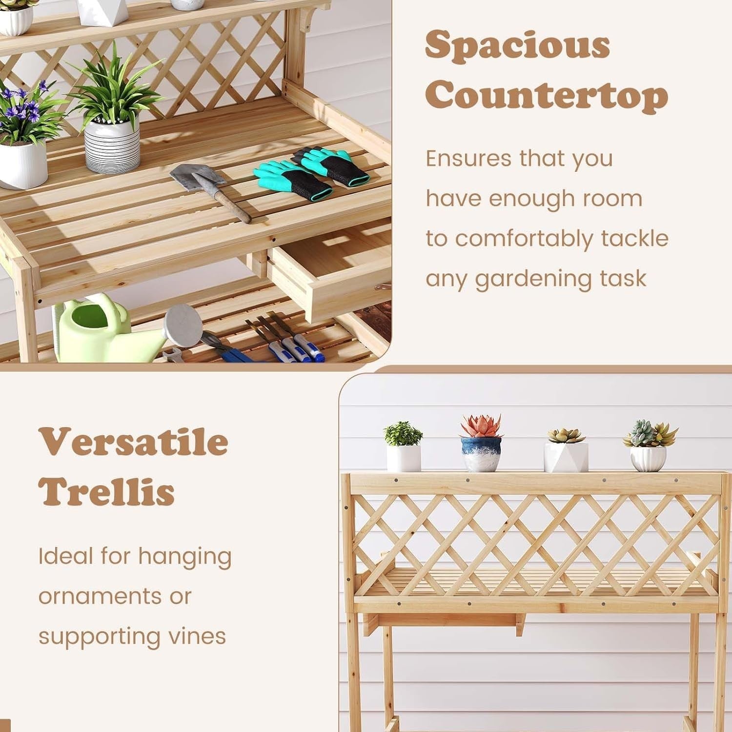 Wooden Garden Potting Table Bench w/ Trellis Drawer Shelves Fir Wood 90x59