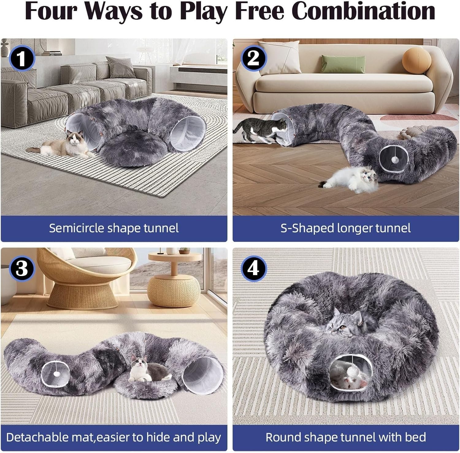 Cat Tunnel Bed Donut Cat Toy Foldable Tunnel w Washable Cushion