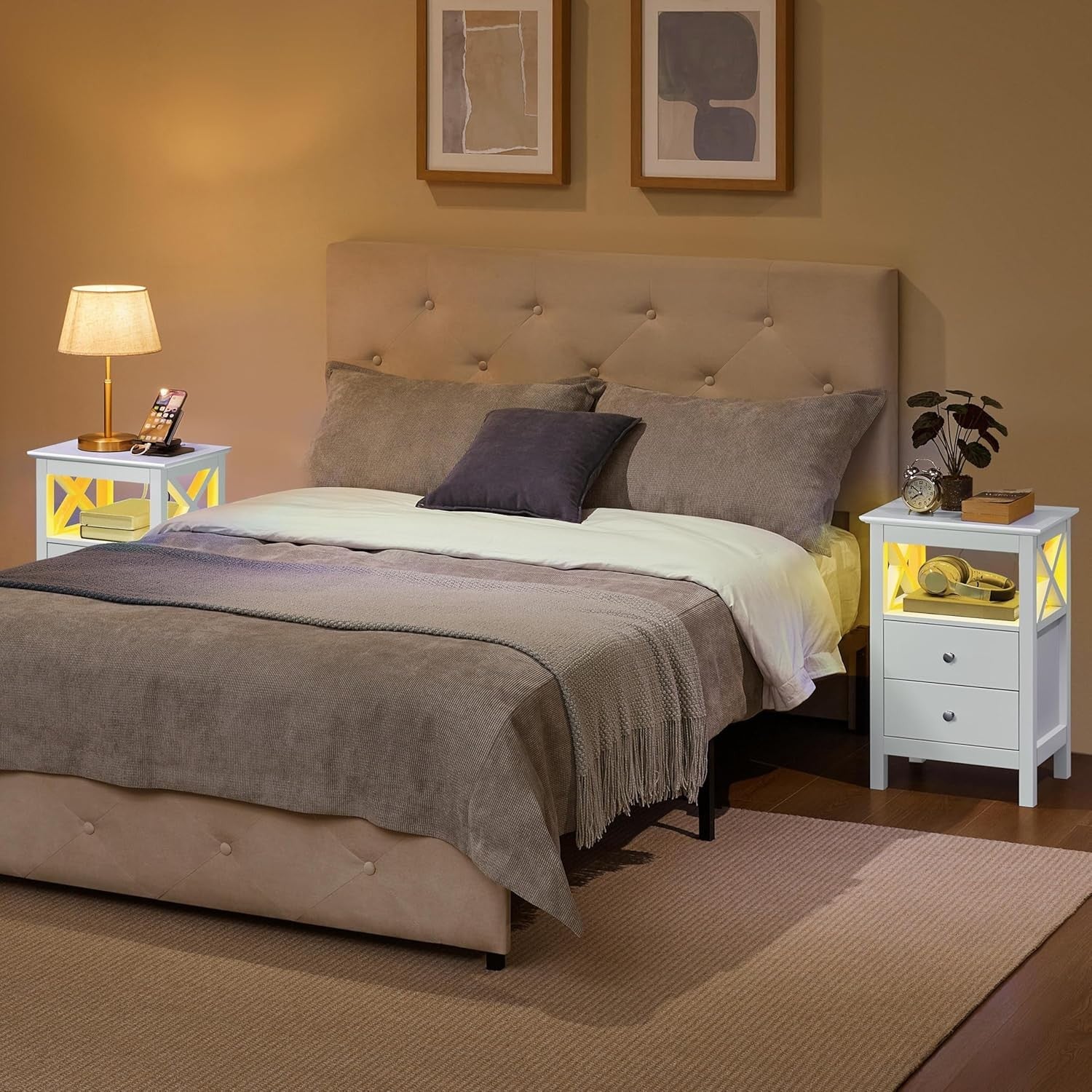 White Bedside Table with LED Lights & Charging Station – 2 Drawers & Shelf 30x40