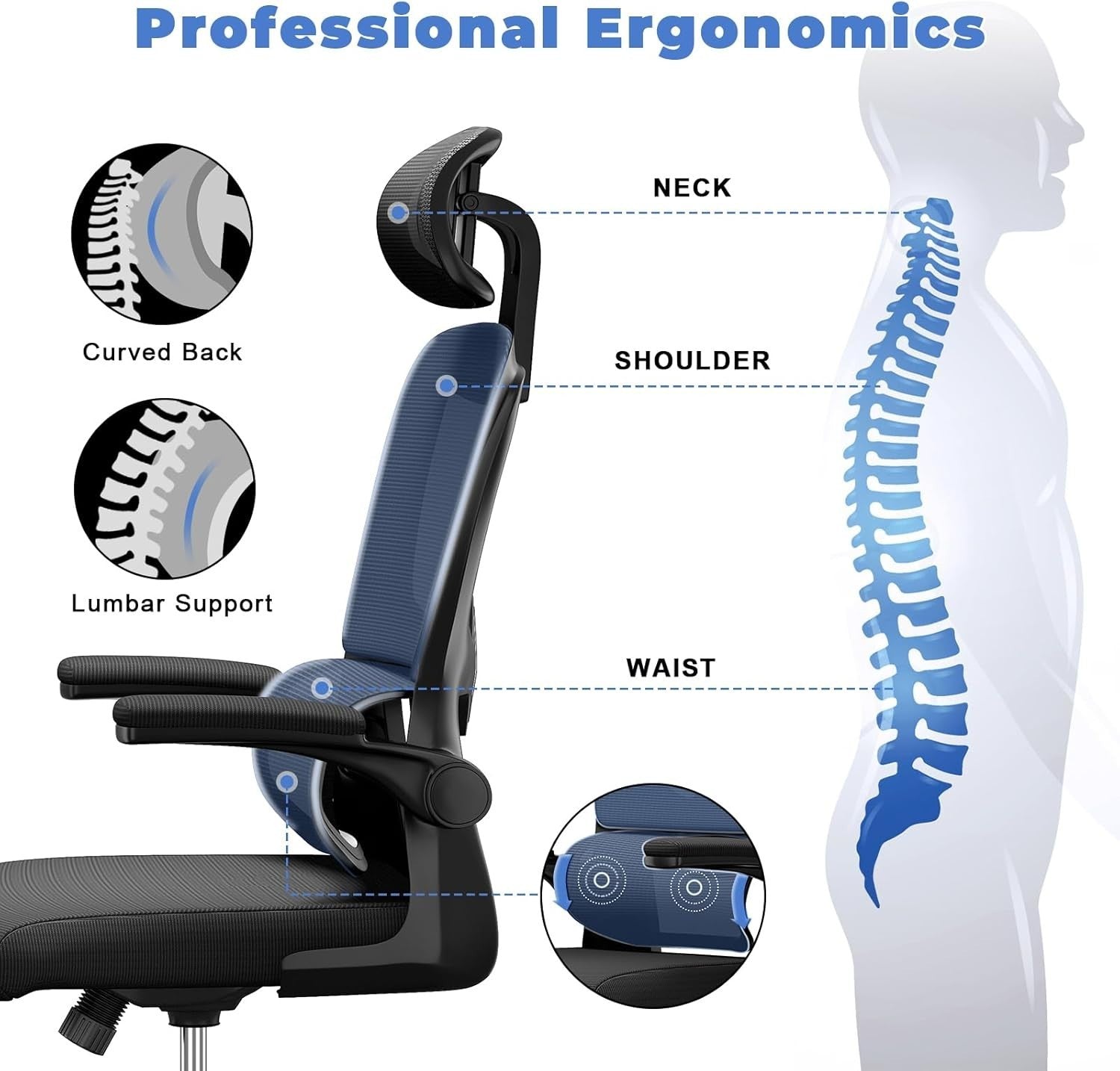 Ergonomic Mesh Office Chair, Adjustable Headrest & Backrest, Flip-up Arms, Cross