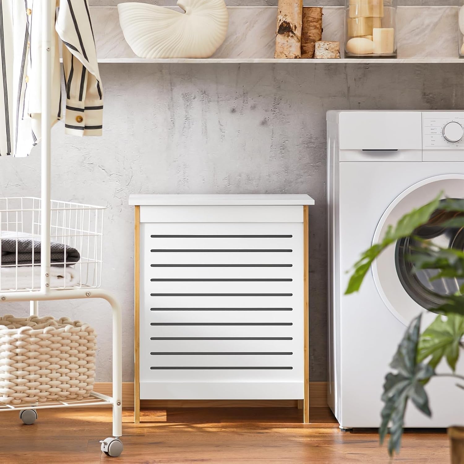 Modern Laundry Basket with Hinged Lid, 50x30x60cm Storage Hamper, Bamboo Frame