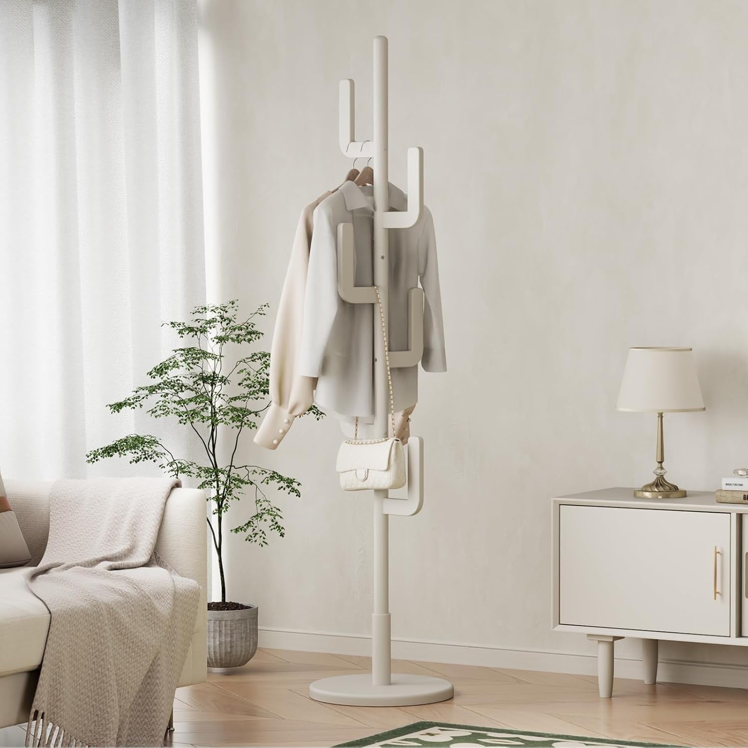 White Wooden Coat Rack 6 Hooks Cactus Design Freestanding Hall Tree Stand