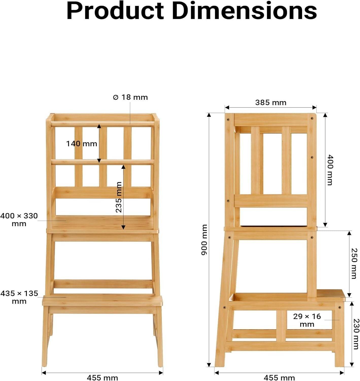 Kids Learning Tower Step Stool Bamboo Kitchen Helper Safe Sturdy 46x46x90cm