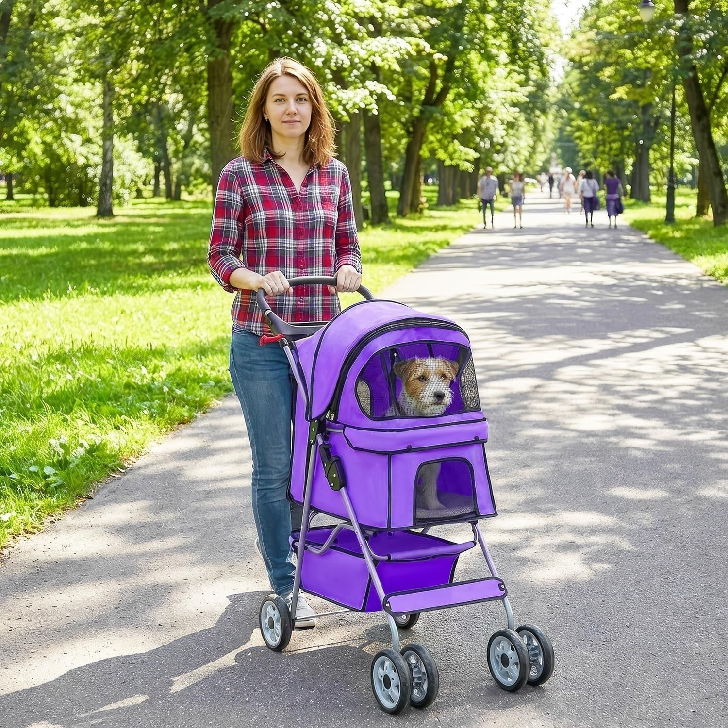 Pet Stroller Dog Cat Pushchair 4 Wheel Foldable Travel Carrier Mesh Purple