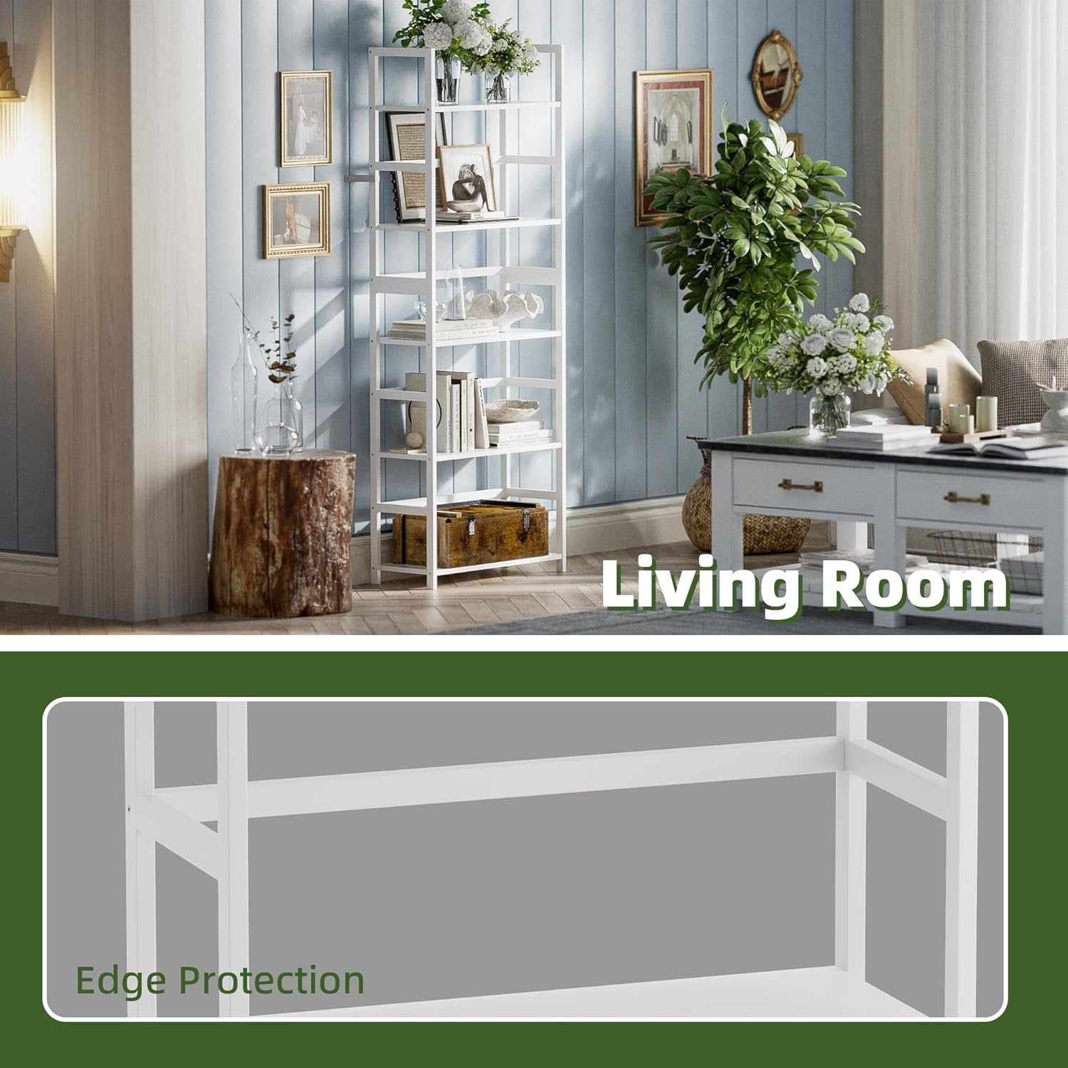 White 5-Tier Industrial Bookshelf, Tall Bamboo Frame Display Storage Unit