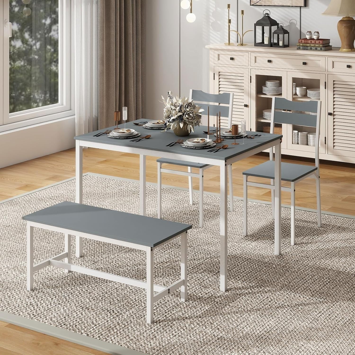 Space-Saving Grey Dining Table Set with 2 Chairs & Bench – Modern Kitchen