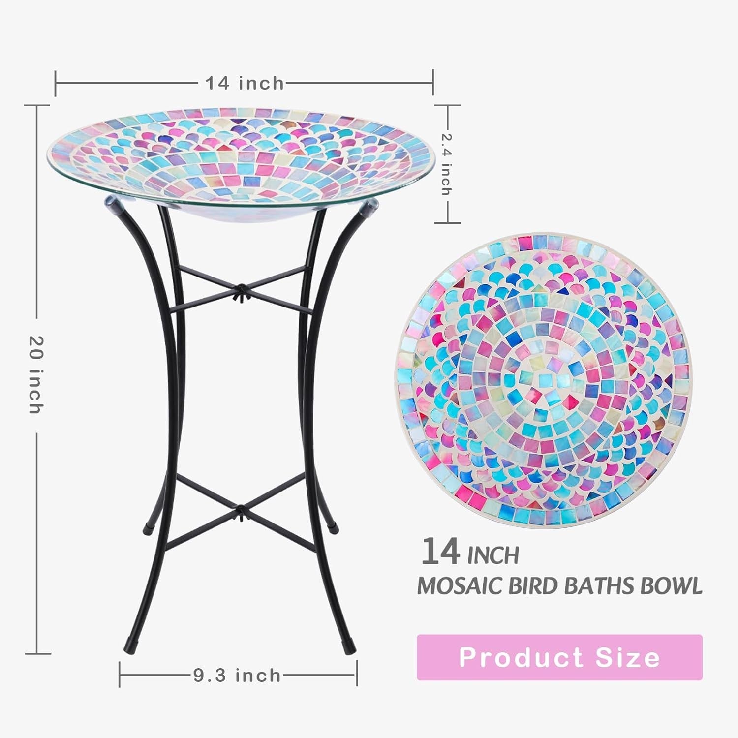 Mosaic Glass Bird Bath | 14" Colourful Garden Bowl with Metal Stand