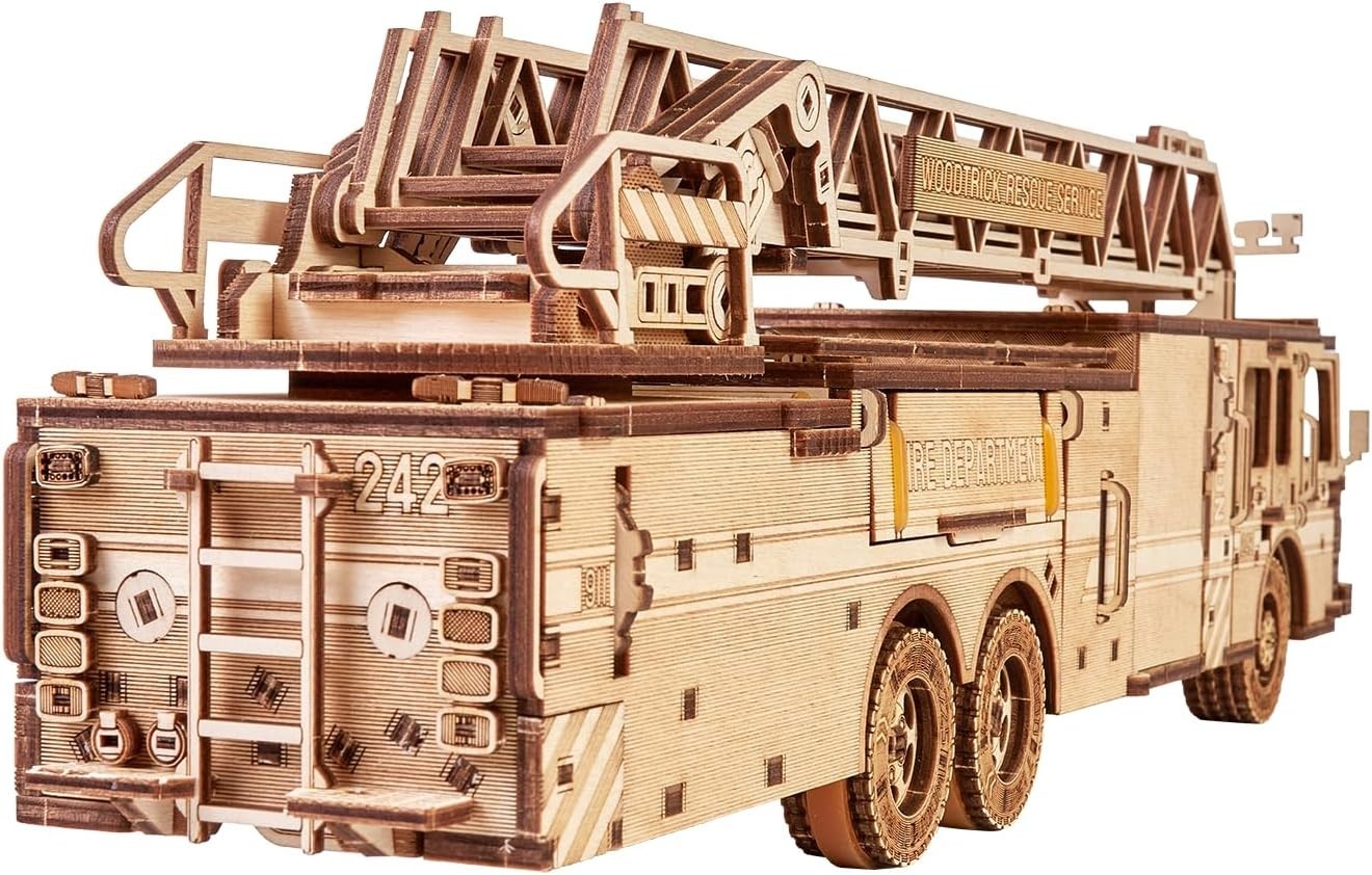3D Wooden Firetruck Puzzle Model Kit with Extendable Ladder, Mechanical