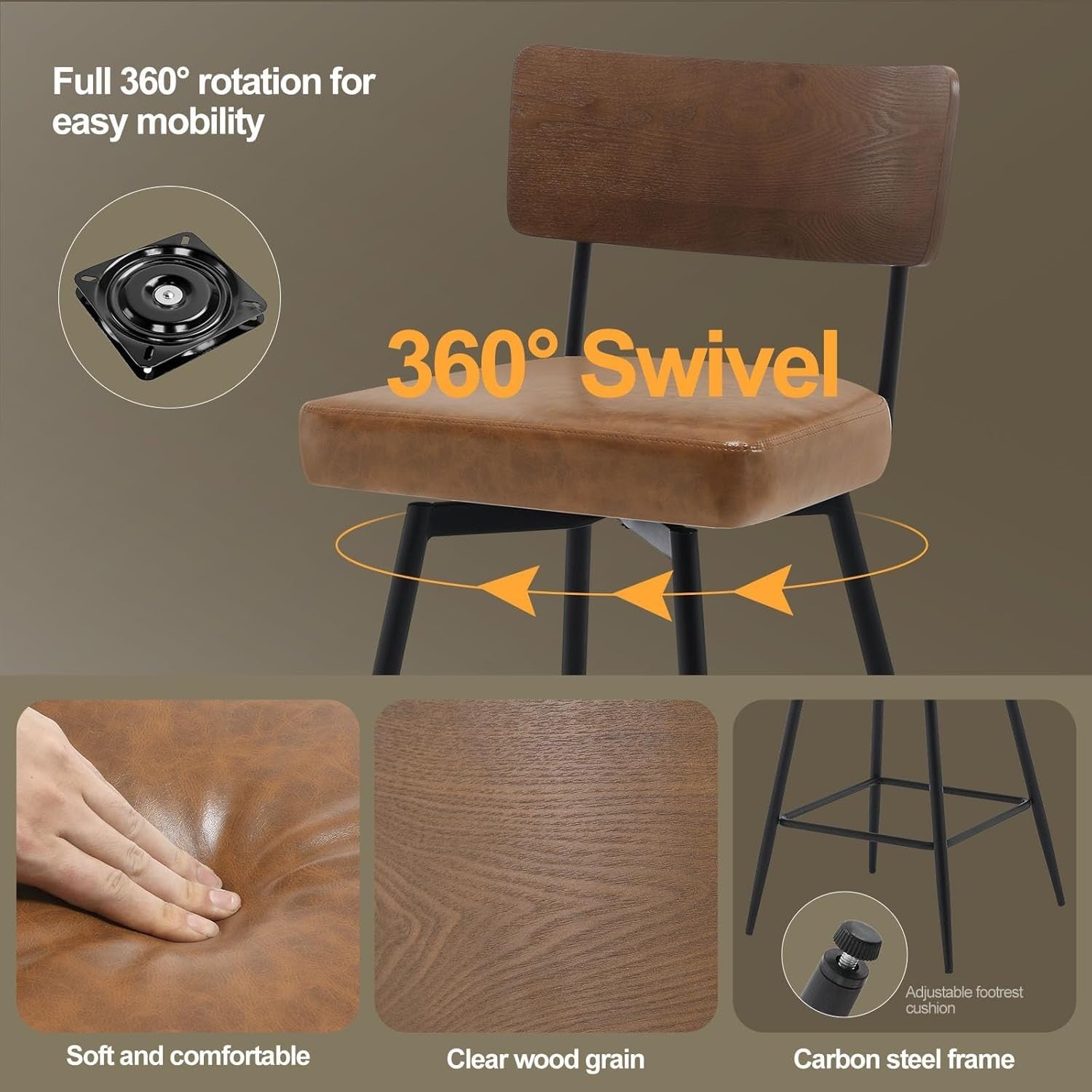 Swivel Bar Stools Set of 4 | PU Leather Counter Chairs Wood Back
