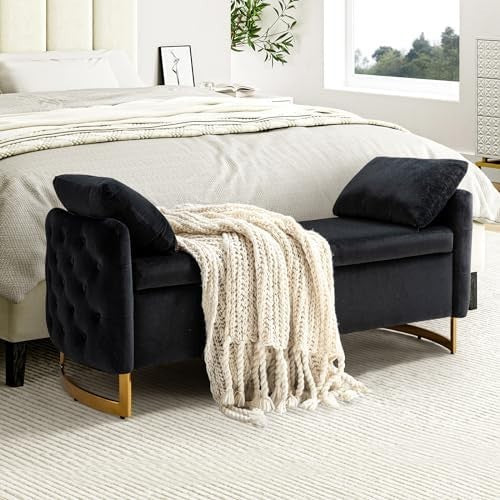 Large Storage Ottoman Bench w/ Pillows Modern Upholstered Metal Leg Seat