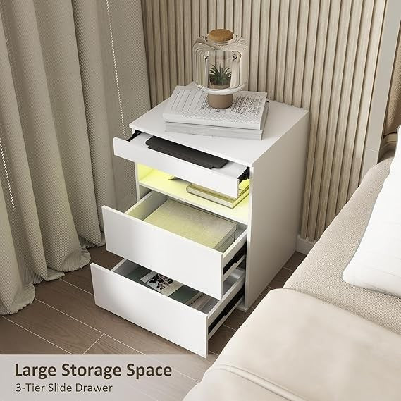 Smart LED Bedside Table with Charging Ports, 2 Drawers & Pull-Out Tray