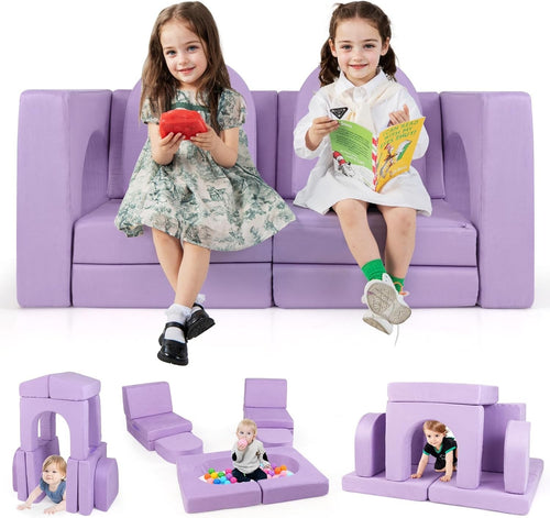 Kids Modular Play Sofa Purple 8pc Foam Couch Bed Set Washable Covers