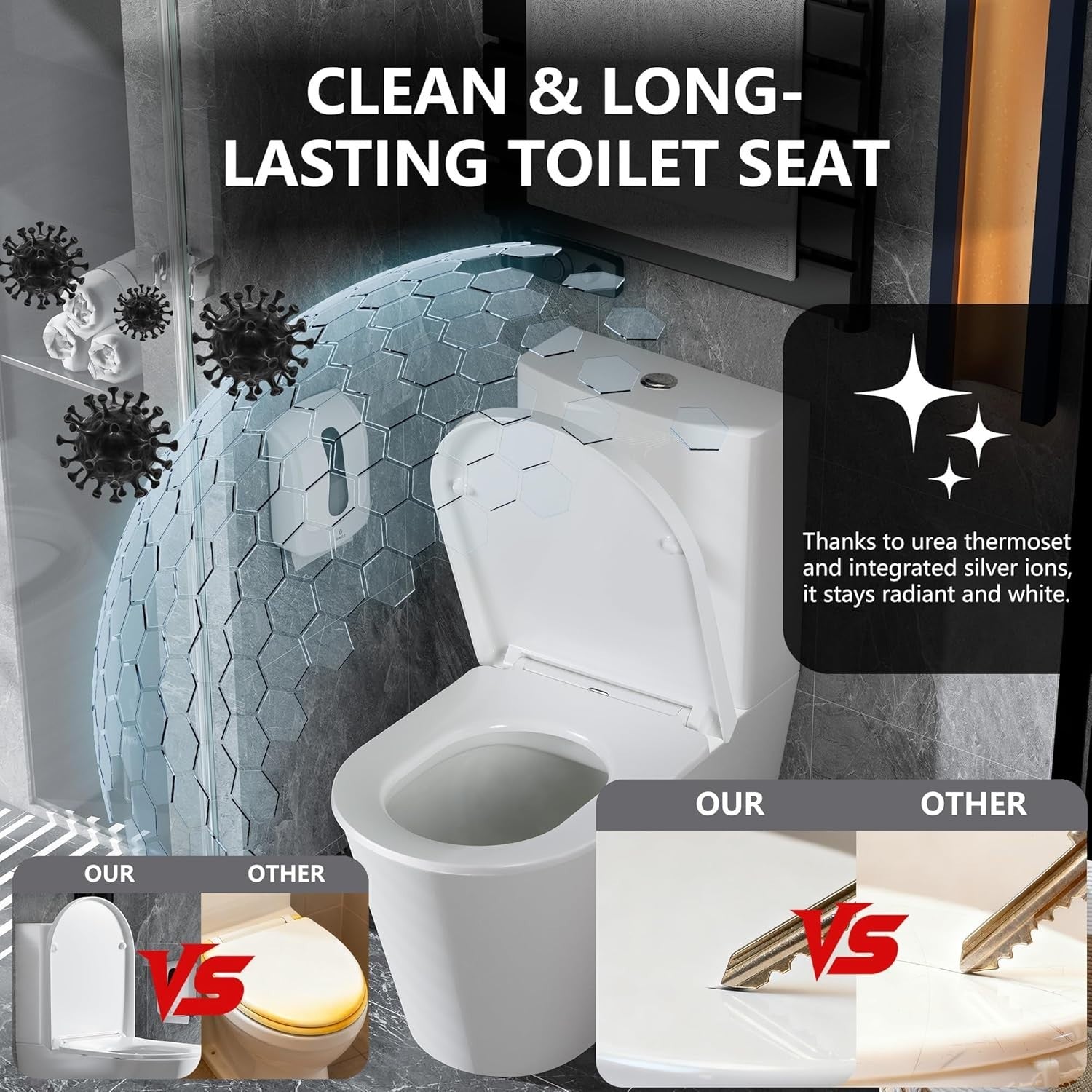 White D Shape Toilet Seat Quick Release Anti-Bacterial Top Fix 46x36cm