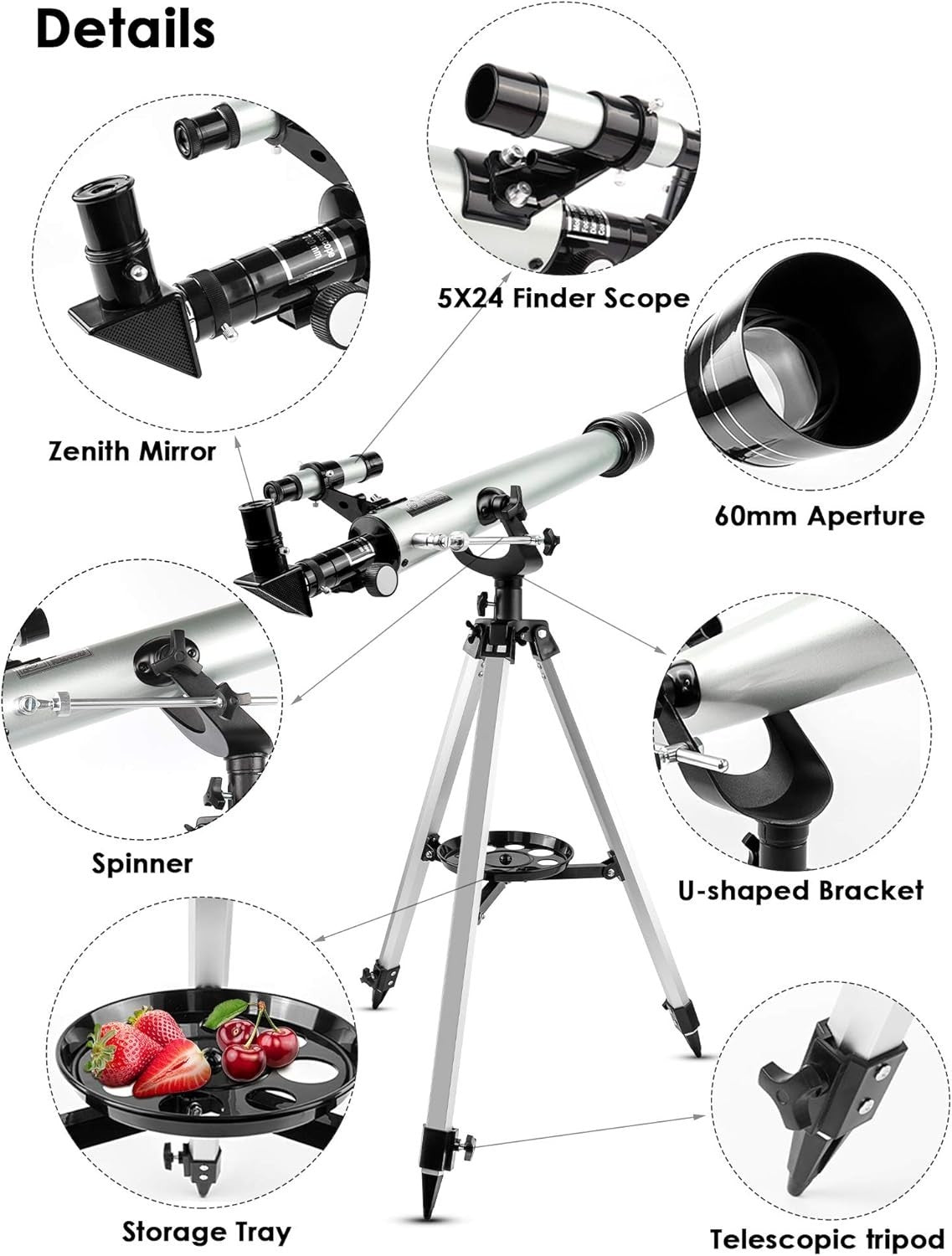60mm Refractor Telescope for Kids Beginners 525X with Tripod