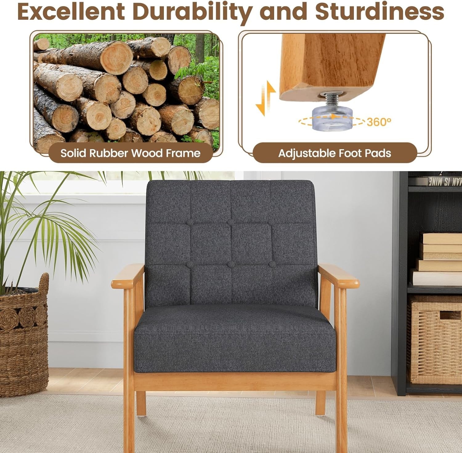 Button Tufted Accent Armchair Linen Lounge Chair Wood Frame