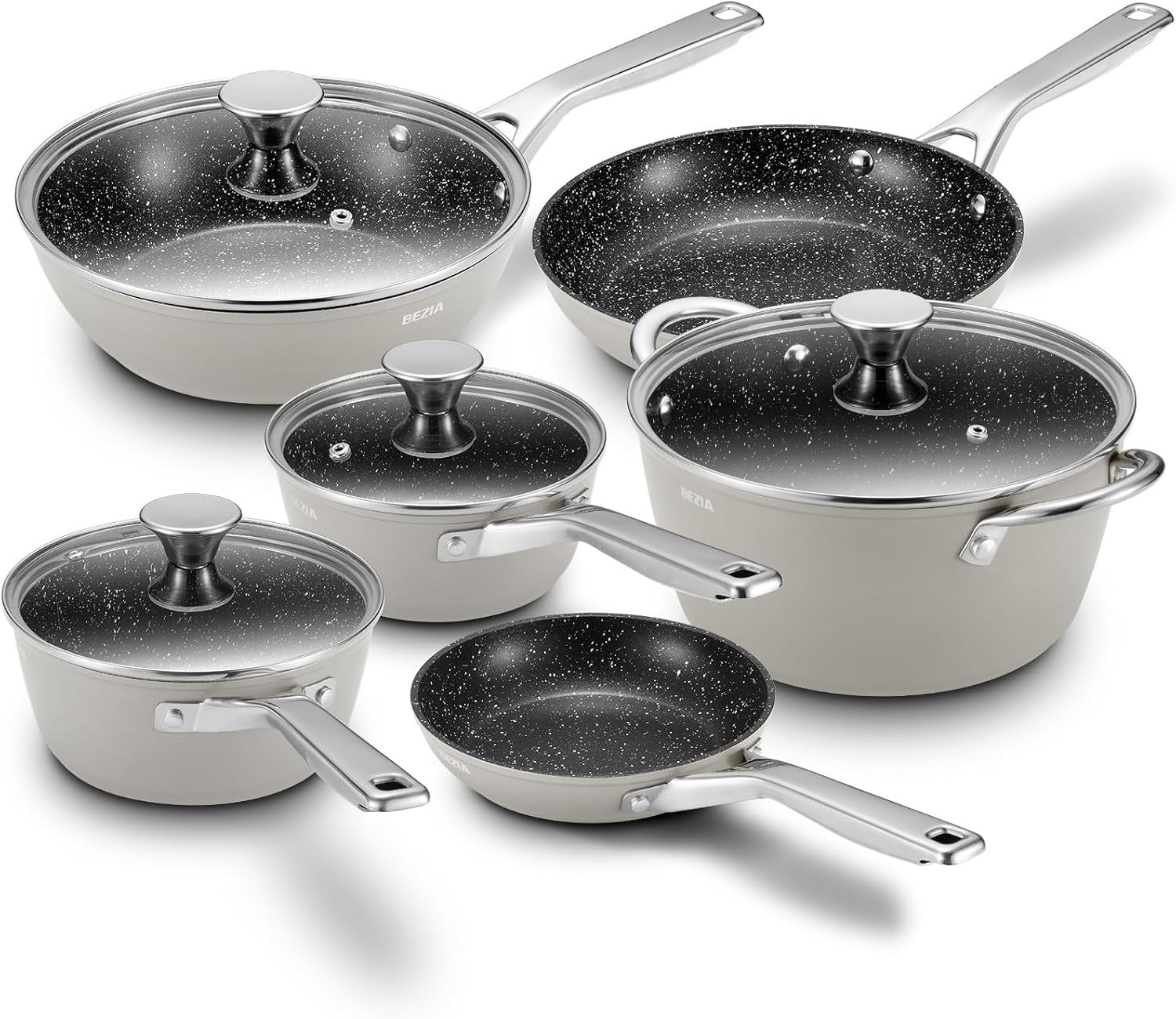 10Pcs Grey Non Stick Induction Cookware Set with Frying Pans & Glass Lids