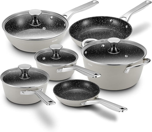 10Pcs Grey Non Stick Induction Cookware Set with Frying Pans & Glass Lids