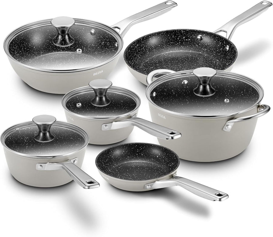 10Pcs Grey Non Stick Induction Cookware Set with Frying Pans & Glass Lids