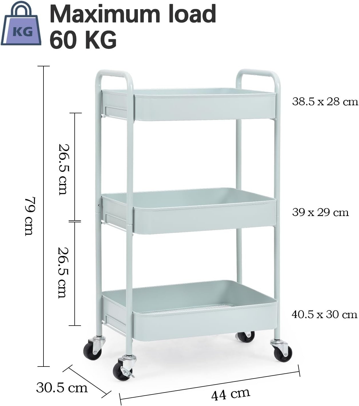 3 Tier Metal Rolling Utility Cart Kitchen Storage Trolley Wheels Green