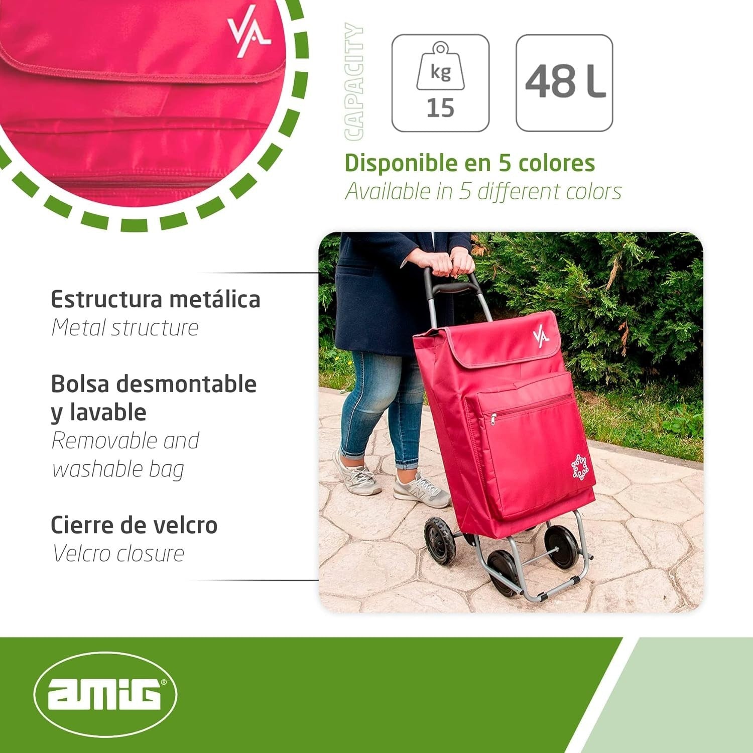 Red 4-Wheel Lightweight Shopping Trolley 48L Large Capacity Freezer Pocket