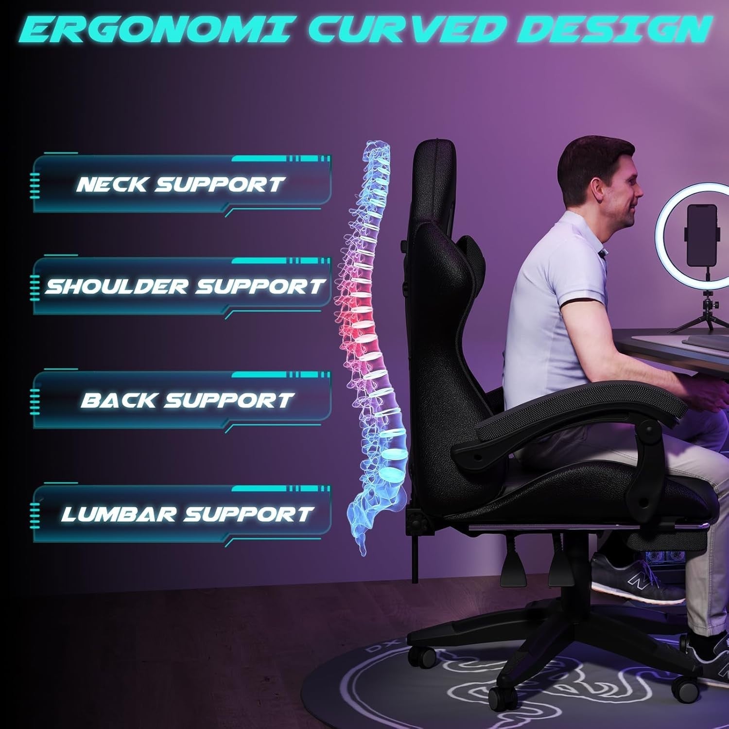 High Back Gaming Chair RGB LED Lights Reclining Computer Office Swivel Desk Seat