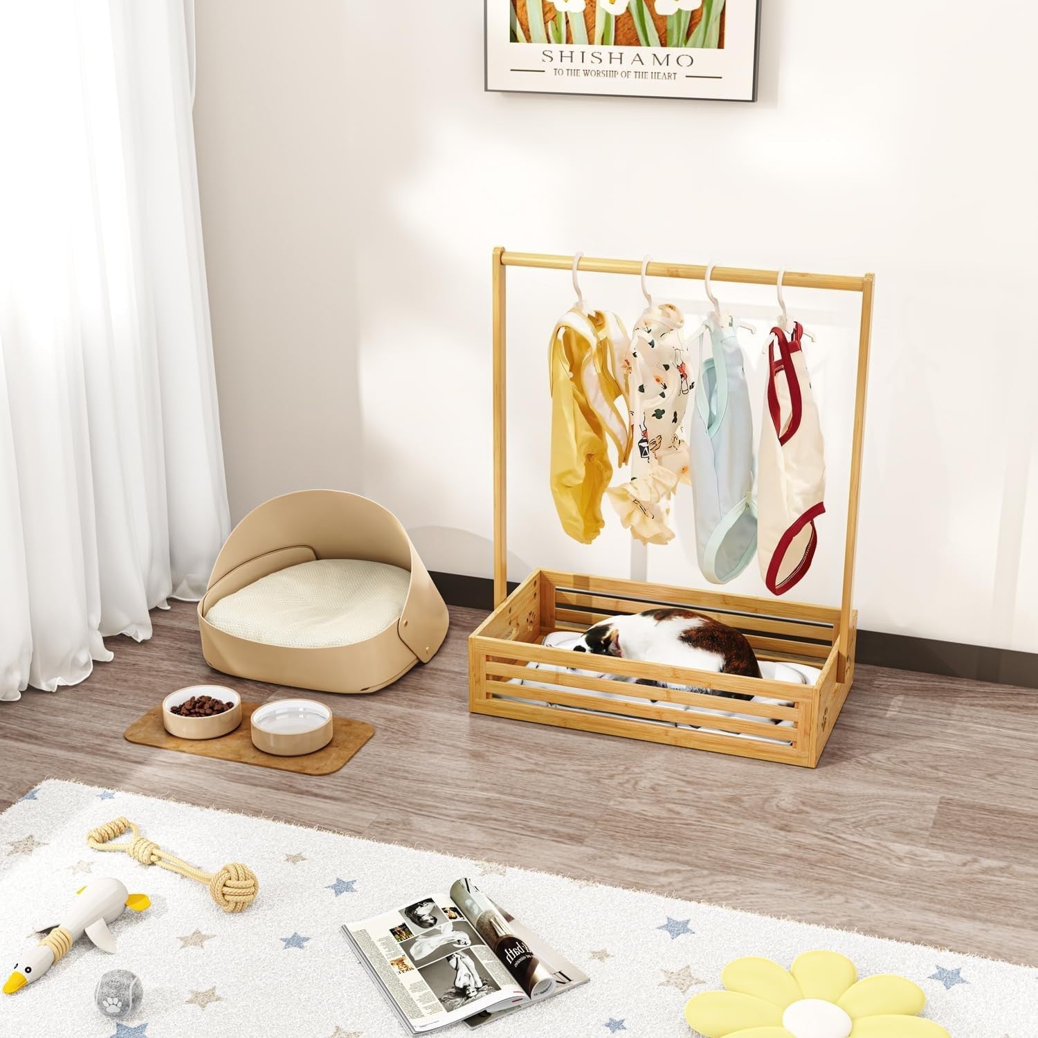 Bamboo Baby Clothes Rack with Adjustable Rod and Storage Box, Natural Finish