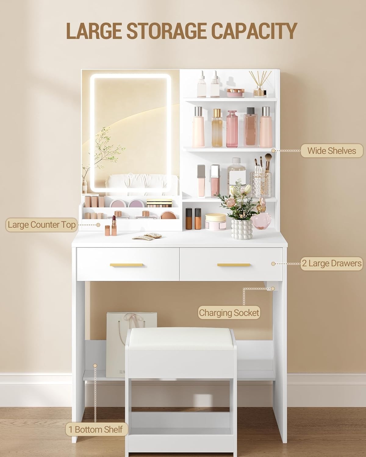 White Vanity Desk with LED Mirror & Charging Station Makeup Table Storage