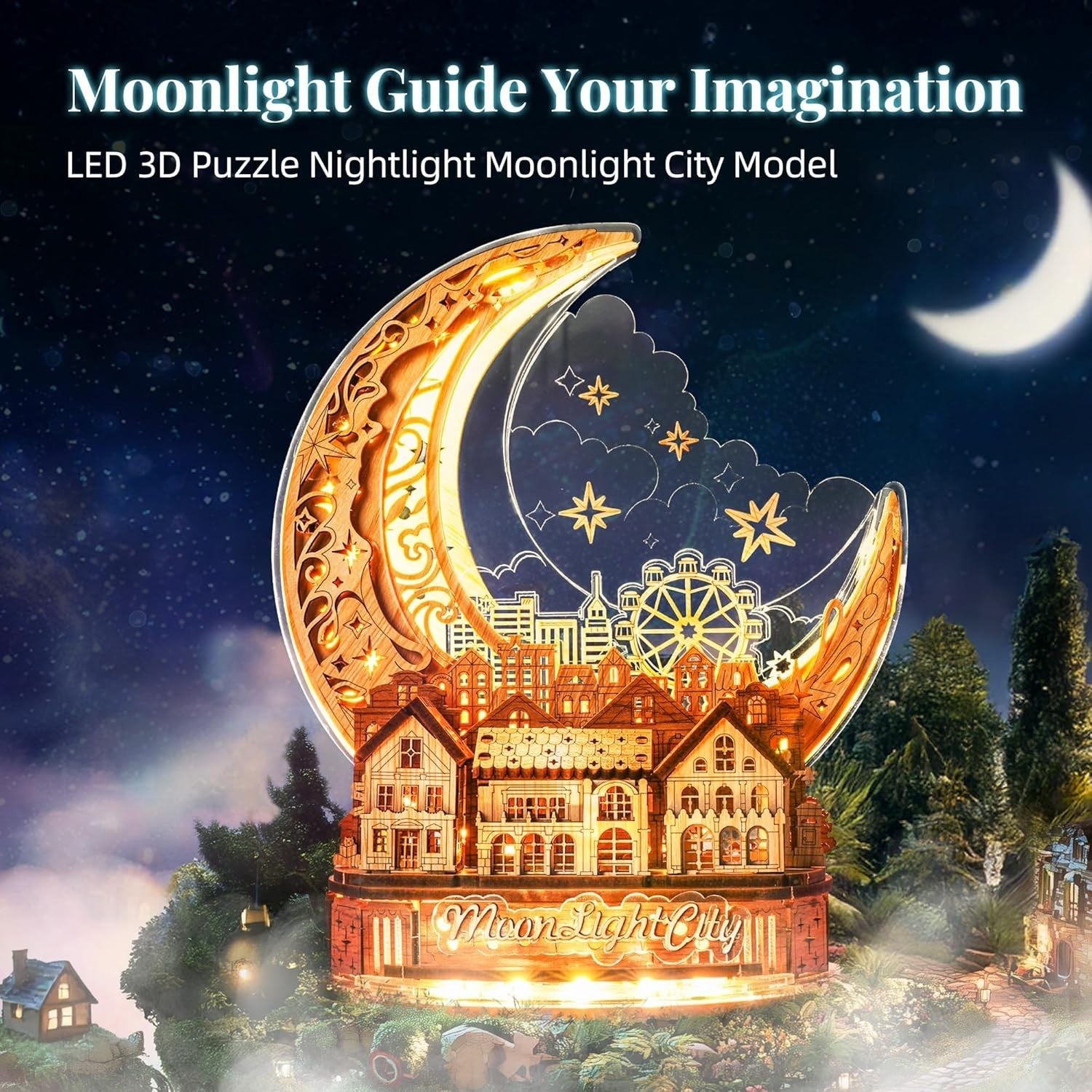 LED 3D Wooden Moon Puzzle Lamp – DIY Decor Kit for Adults & Kids Gift
