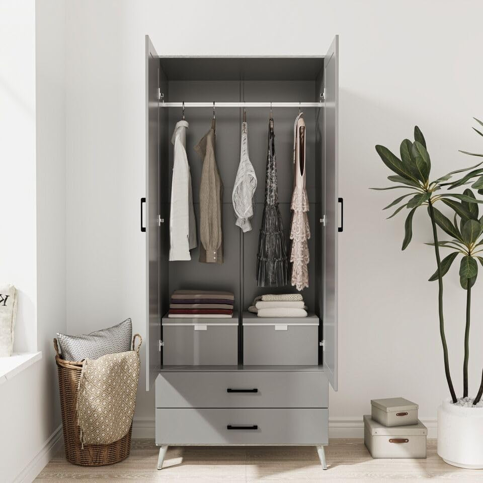 Grey 2 Door Wardrobe with Drawers & Rail – Modern Tall Bedroom Storage