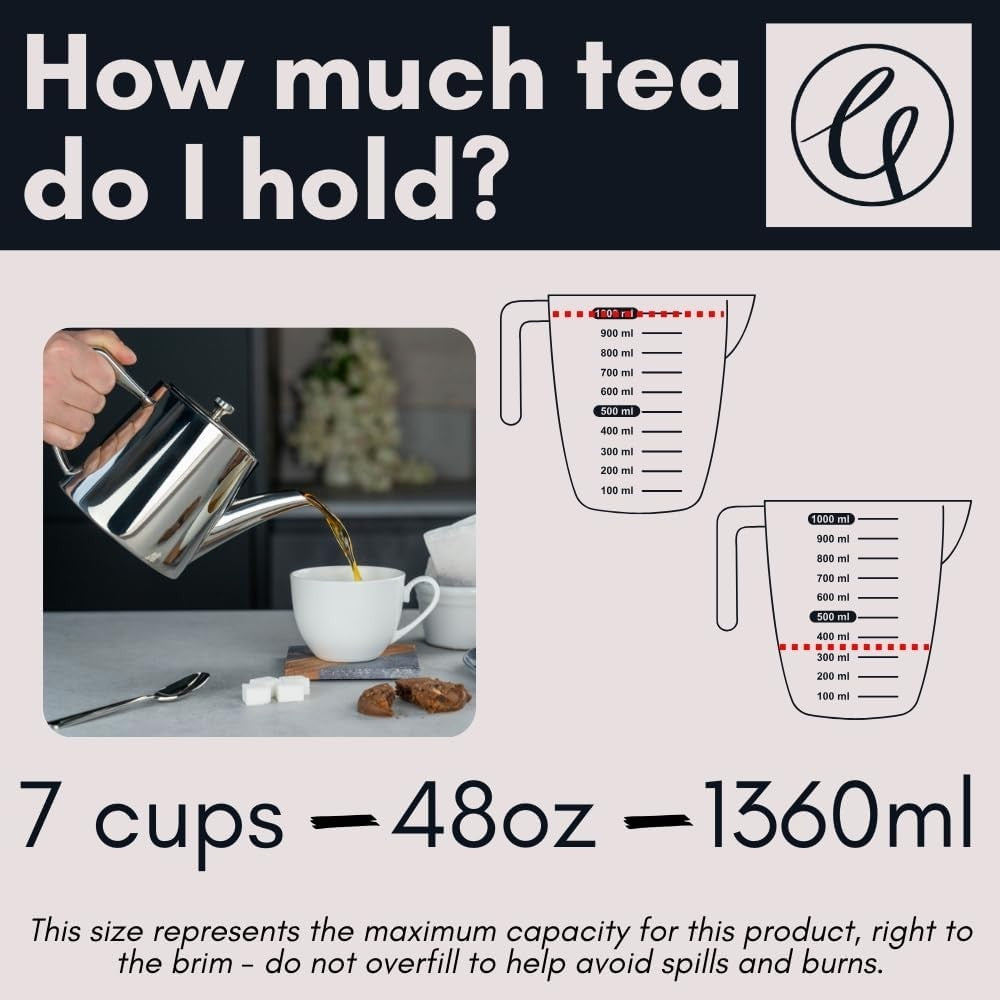 1360ml Stainless Steel Teapot 7 Cup Mirror Finish Non Drip Tea Pot