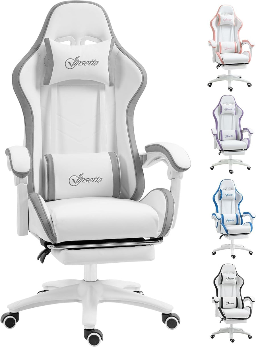 Gaming Chair PU Leather Recliner w/ Footrest 135° Swivel White